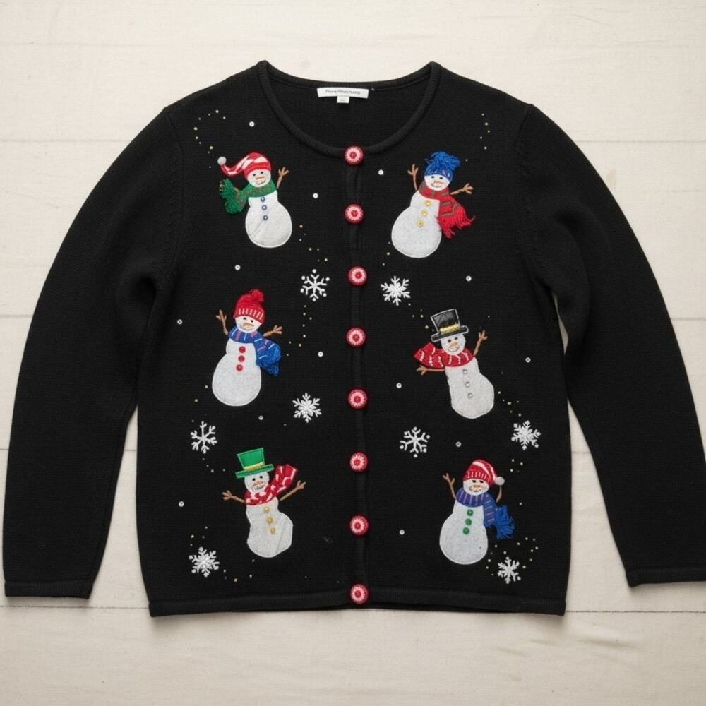 Mercer Street StudioXL Black Snowman Snowflake Button Up Cardigan Sweater